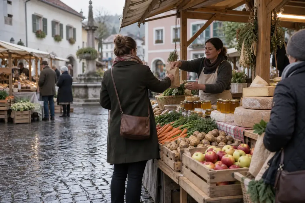 Marktstand mit Käse, Äpfeln und Gemüse auf einem Bauernmarkt in Salzburg
