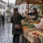 Marktstand mit Käse, Äpfeln und Gemüse auf einem Bauernmarkt in Salzburg