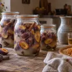 Gläser mit fermentierten Zwetschken in Salzlake, daneben ein Krug Birnenmost und trocknende Marillen