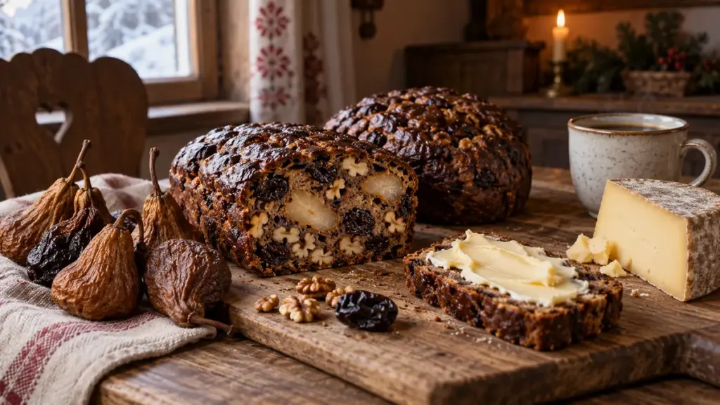 Angeschnittenes Kletzenbrot mit Dörrbirnen, Zwetschken und Walnüssen auf einem Holzbrett, daneben ganze Kletzen, ein Butterbrot und Bergkäse