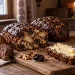 Angeschnittenes Kletzenbrot mit Dörrbirnen, Zwetschken und Walnüssen auf einem Holzbrett, daneben ganze Kletzen, ein Butterbrot und Bergkäse