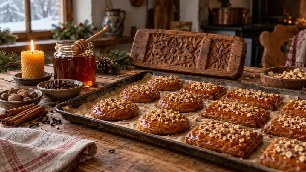 Honiglebkuchen mit gehackten Nüssen auf einem Backblech, daneben ein geschnitzter Lebkuchenmodel, ein Glas Honig, Zimtstangen, Nelken und eine Bienenwachskerze