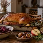 Gebratene Weidegans im Bräter auf einem Bauerntisch, daneben Rotkraut, Erdäpfelknödel, glasierte Maroni und ein halbierter Apfel